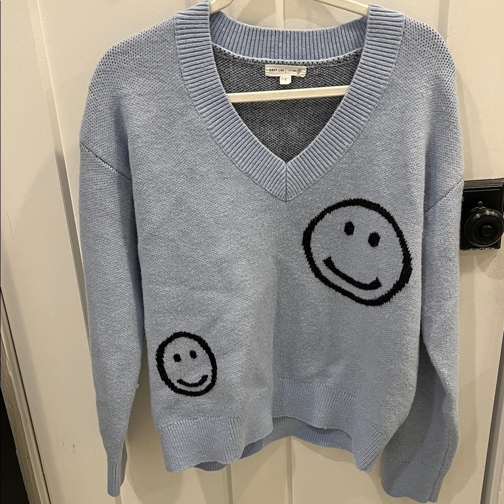 GREY LAB Blue V-Neck Sweater with Smiley Faces